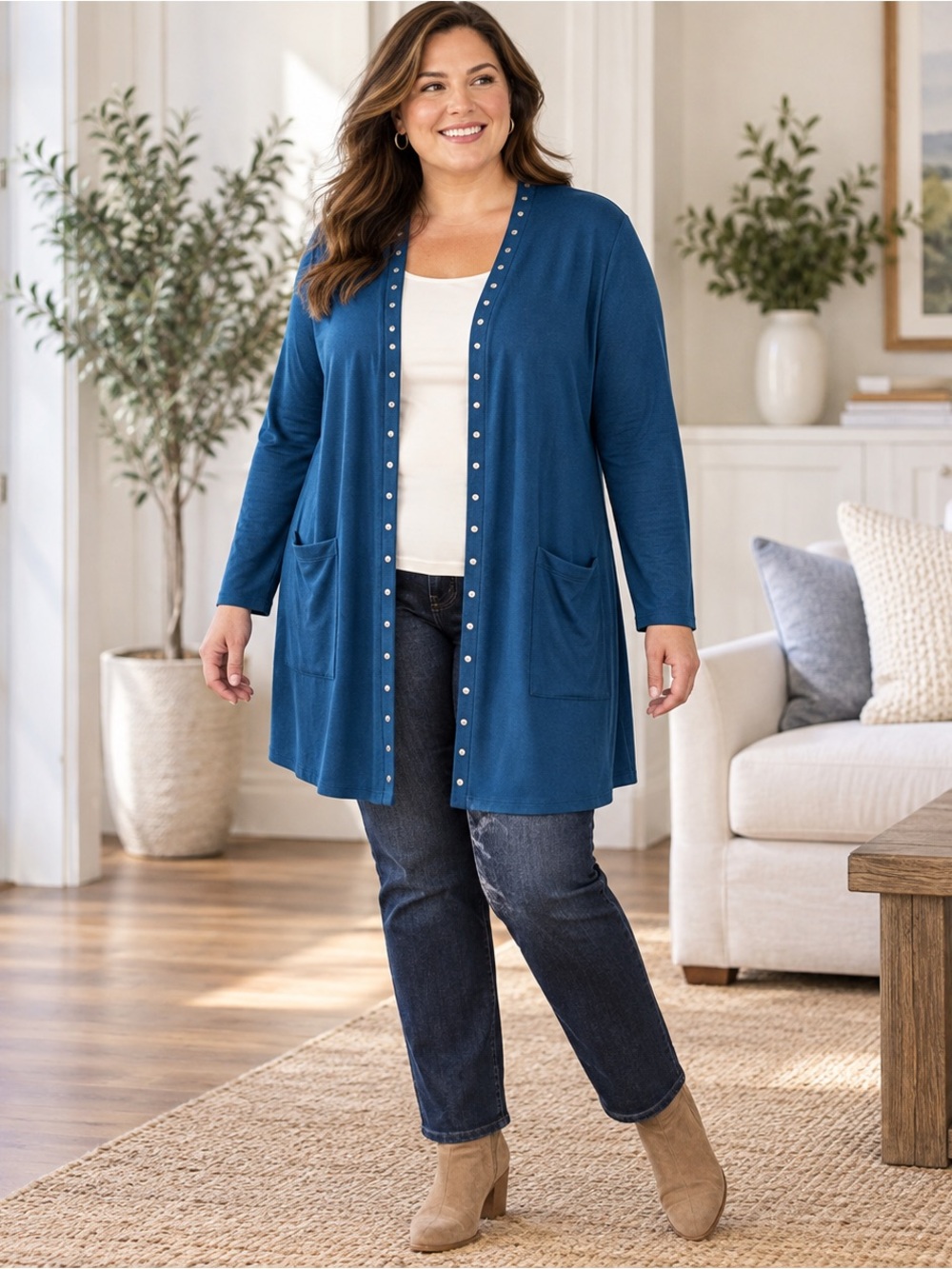 Soft Surroundings Blue Cotton Long Snap Front Cardigan 1X Pockets